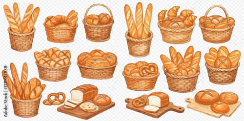 A hand-drawn collection of assorted freshly baked breads, including baguettes, loaves, and buns in wicker baskets.
