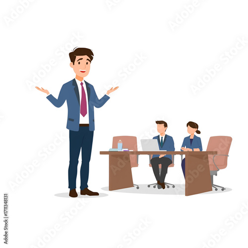 Confused businessman shrugging his shoulders during a presentation to colleagues in an office meeting. Flat character design vector