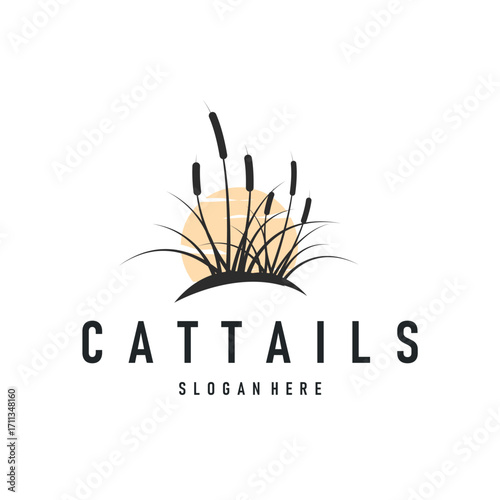 cattails logo river grass plant with river concept and simple silhouette plant design symbol illustration tremlet icon poster or product