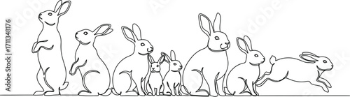 A delightful line of rabbits, from playful bunnies to adult hares, in various poses and sizes.