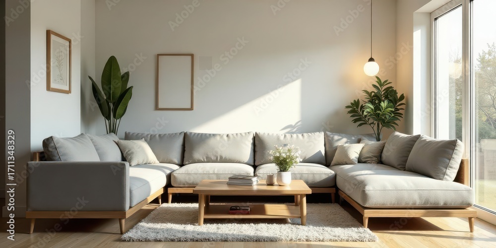 Fototapeta premium Serene Living Room with Light Grey Sectional Sofa and Natural Wood Accents