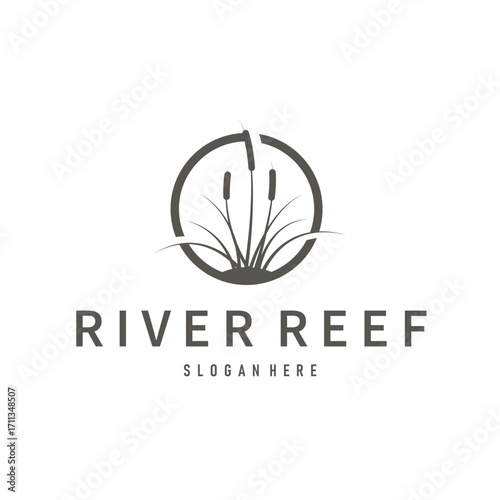 cattails logo river grass plant with river concept and simple silhouette plant design symbol illustration tremlet icon poster or product