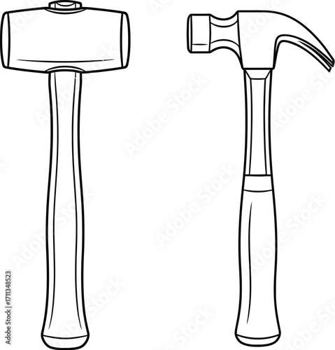 Two distinct hammers, a mallet and a claw hammer, presented in a clean line art illustration