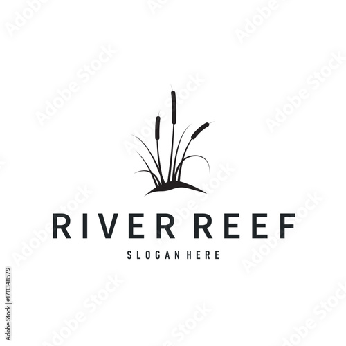 cattails logo river grass plant with river concept and simple silhouette plant design symbol illustration tremlet icon poster or product