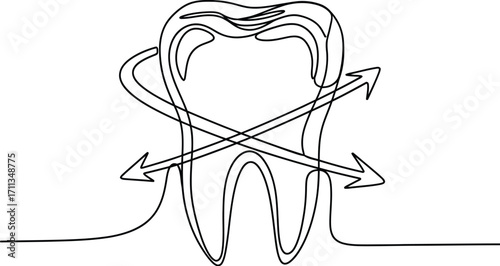 Abstract illustration of a tooth with arrows indicating movement or treatment, symbolizing dental health and care.