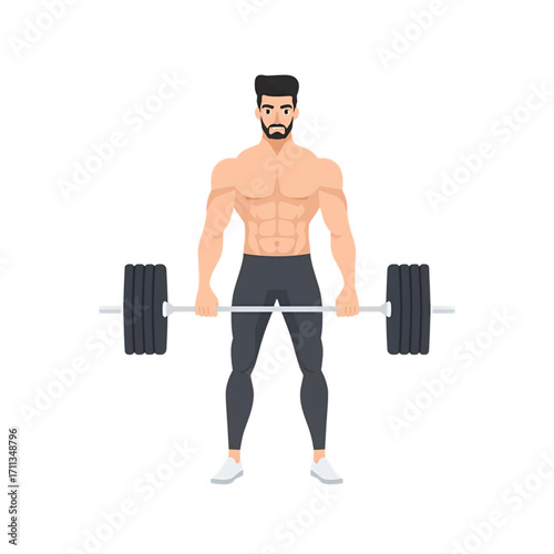 Muscular shirtless man holding a heavy barbell for weightlifting or powerlifting training, a vector illustration for fitness and gym concepts