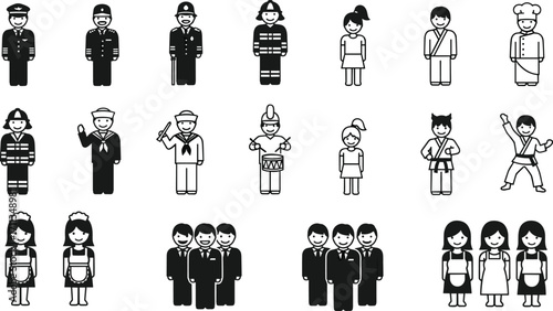 Vector illustration of professions people icons set, pilot, policeman, firefighter, sailor, chef, maid, businessman, karate, musician, worker characters