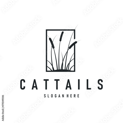 cattails logo river grass plant with river concept and simple silhouette plant design symbol illustration tremlet icon poster or product