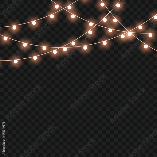 Glowing Christmas lights garland for festive holiday and party decor. Vector