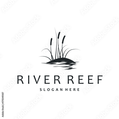 cattails logo river grass plant with river concept and simple silhouette plant design symbol illustration tremlet icon poster or product