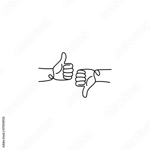 Doodle Style Thumbs Up and Thumbs Down Hand Gestures Expressing Approval and Disapproval in a Simple Line Art Illustration