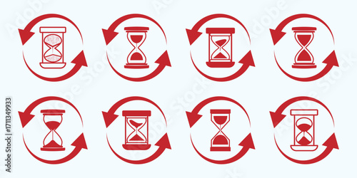set of sand clock illustrations with varying frames and sand amounts. Hourglass shapes in multiple variations. Vector icon set of hourglasses with falling sand. Flat vector graphic design elements. 