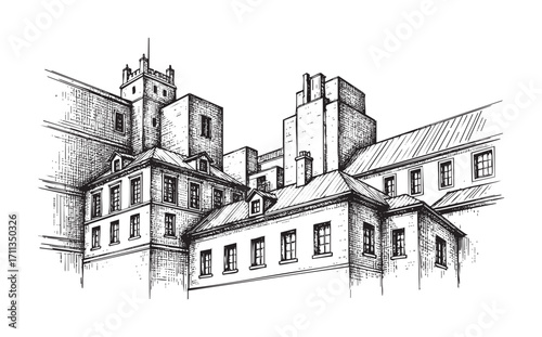 architectural landscape building engraving vector style