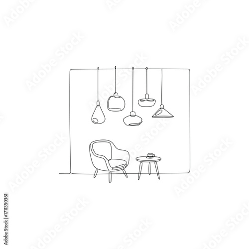 Minimalist Interior Design featuring Hanging Lamps Armchair and Side Table A Serene and Stylish Living Space