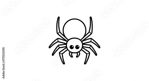 Simple Black and White Cartoon Spider with Eight Legs and Eyes.