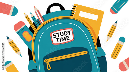 Back to school supplies backpack with study time message for education and learning resources illustration