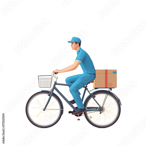 Side view of a delivery person in a blue uniform riding a bicycle with a cardboard box. Concept for eco-friendly urban shipping and courier services