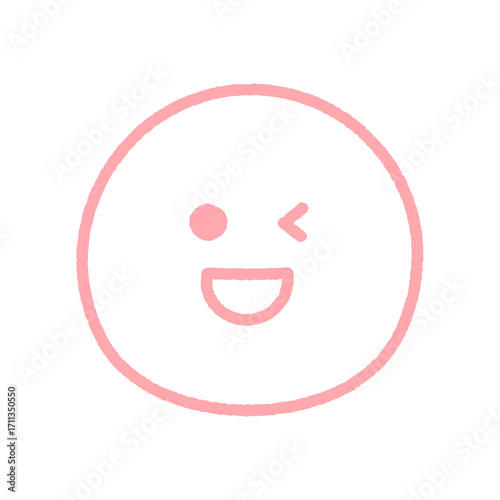 笑ってウインクしている顔の手書きの絵文字 - ピンク色の線画のシンプルでかわいい笑顔やOKの感情表現