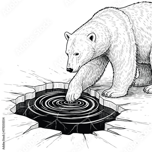 A black and white line art illustration of a polar bear touching dark rippling water in the ice.