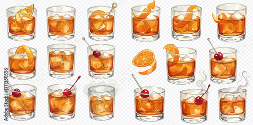 A collection of watercolor illustrations depicting various classic Old Fashioned cocktails with ice, orange peels, and cherry garnishes.