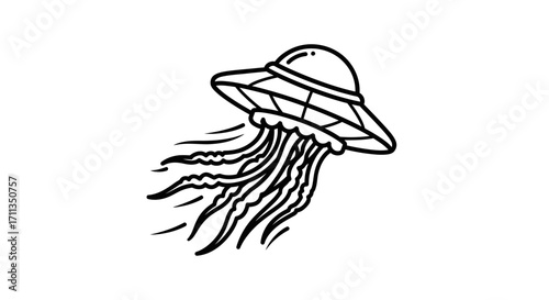 UFO Jellyfish Line Art Black Ink Drawing of a SaucerShaped Jellyfish with Wavy Tentacles.