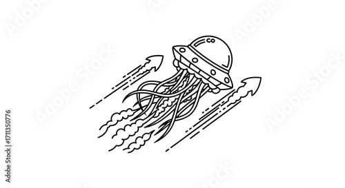 Line Art UFO Resembling a Jellyfish in Flight Propulsion Trails Visible.