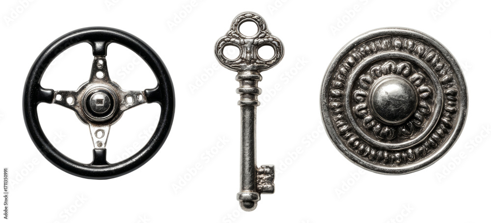 Fototapeta premium Unique Artistic Collection of Vintage Keys and Steering Wheel