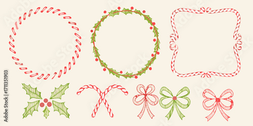 Hand drawn christmas elements including wreaths candy canes holly and bows for festive design
