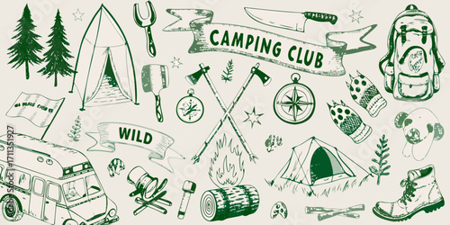Hand drawn camping club elements including tents backpacks and forest icons