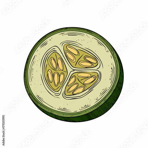 graphite pencil sketch vector cucumber slice with stippled seeds and gentle shading for recipe card art