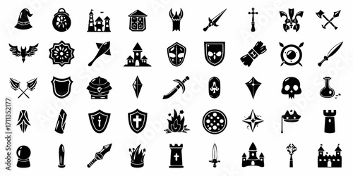 Collection of fantasy game icons including weapons armor magic items and buildings