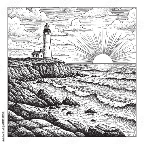 Sea landscape with water waves, seagulls, and rocks