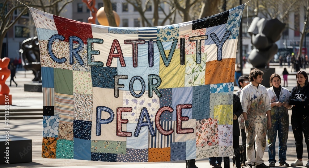 Obraz premium A Vibrant Patchwork Quilt Banner Proclaiming 'Creativity for Peace' in a Sunlit Urban Plaza