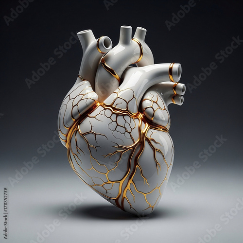 Anatomical heart with gold repaired cracks in kintsugi style
