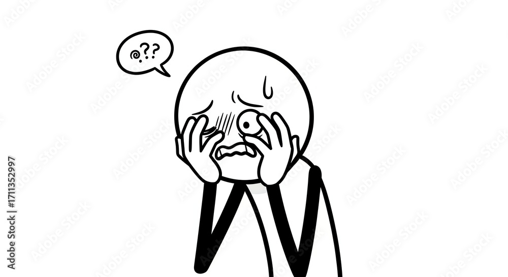 Obraz premium Distressed Stick Figure with Question Marks, Expressing Confusion and Overwhelm