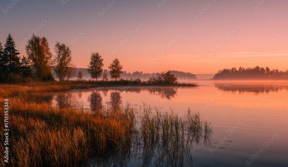 Fototapeta premium Misty sunrise over calm lake, trees reflected