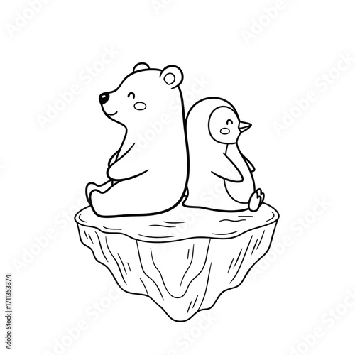 A cute cartoon polar bear and penguin sitting backtoback on a floating ice floe illustration.