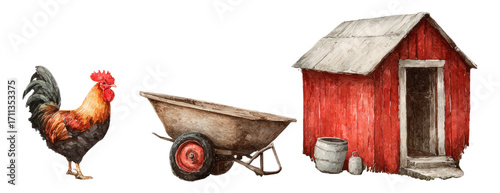 Rooster with Wheelbarrow and Red Barn Illustration