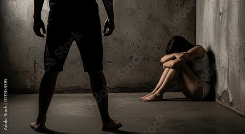 A child cowers in a corner, covering his head, while an adult stands menacingly over him. This is a powerful, dramatic depiction of child abuse, domestic violence, bullying, and human rights issues.