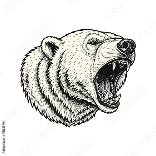 A fierce roaring grizzly bear head illustrated in a detailed black and white vintage style.