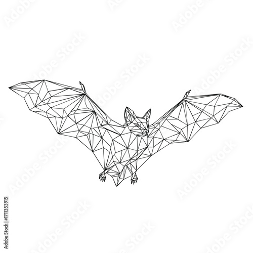A flying bat with spread wings rendered in a geometric lowpoly black line art style.