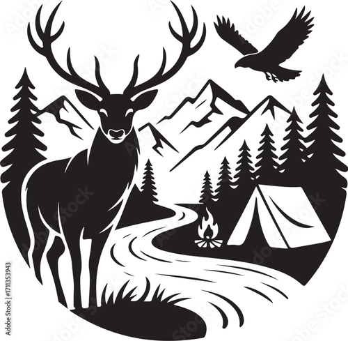 Majestic deer, eagle soar over wild mountain campsite