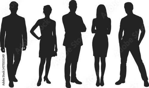 Diverse Business People Silhouettes, Professional Men and Women Standing in Various Poses, Corporate Staff Vector Illustration