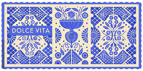 Decorative blue and cream folk art pattern with dolce vita text and floral motifs