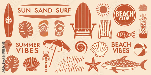 Summer beach icons and illustrations with sun sand surf and beach club text
