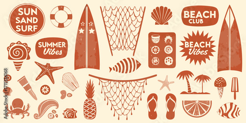 Collection of charming summer beach vacation icons and symbols in a rustic terracotta color palette