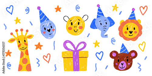Cute hand drawn cartoon animals wearing party hats with gift and confetti celebrating a birthday party