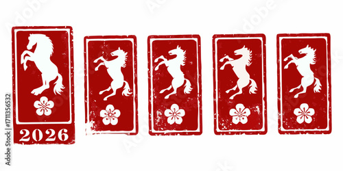 Five red stamps featuring white horse silhouettes and plum blossoms with the year 2026 on the first stamp