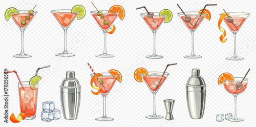 An assortment of classic pink cocktails in different glassware, garnished with fruit, alongside shakers and ice cubes.