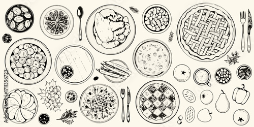 Overhead view of a variety of delicious food dishes and ingredients arranged on a light background